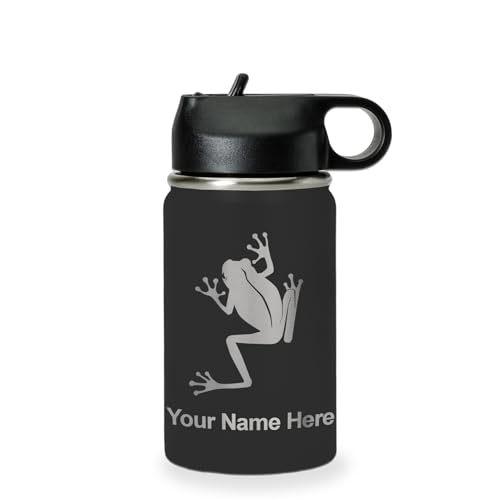 LaserGram Personalized 12oz Water Bottle, Tree Frog (Black) | Engraved Gift, Vacuum Insulated Stainless Steel, Flip-Top Straw Lid, Laser Engraved With Your Name - color: Black, size: 12 Ounces