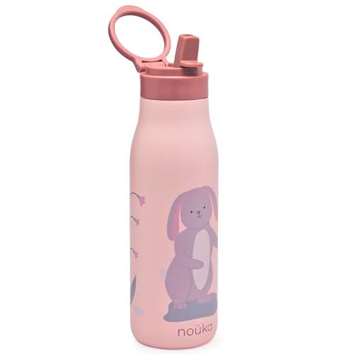 noüka Insulated Stainless Steel Kids Water Bottle | Silicone Straw & Spout | Leak-Proof | BPA-Free | Folding Handle | Pip the Rabbit | 16 Oz