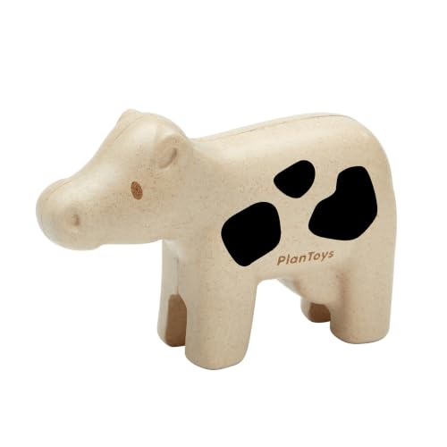 PlanToys® Cow Wooden Montessori Kids Farm Animal Figurine Creative Play | cow wooden figurine, montessori imaginative play, language development social interaction coordination, animal figure, kids t - color: Cow