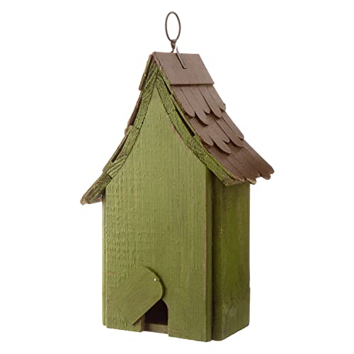 Glitzhome Birdhouses for Outdoors, Hand Painted Garden Hanging Wooden Bird House with Single Roof for Outside, Country Cottages for Bluebird Swallow Sparrow Hummingbird Finch Cardinals Cedar, Green - color: 11.75"H Distressed
