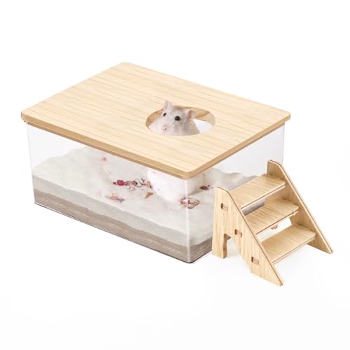 Hamster Sand Bath, Pentagon Hamster Sand Bath Container with Climbing Ladder, Large Acrylic Hamster Dig Box with Wood Cover, Sand Bath for Hamsters Small Animals (Rectangle) - style: Rectangle