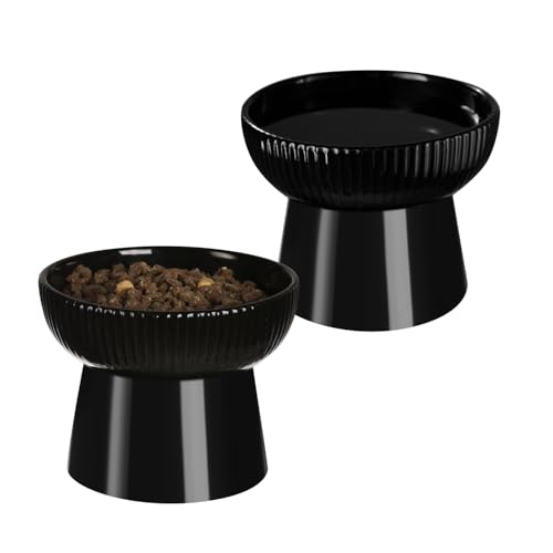 Ceramic Elevated Cat Bowls-Water Bowl, 15° Tilted Design, Anti-Vomiting & Spine Protection, Prevent Whisker Fatigue for Kittens to Adult Cats and Small Dogs (Black-Elevated Cat Bowls-2) - color: Black-Elevated Cat Bowls-2