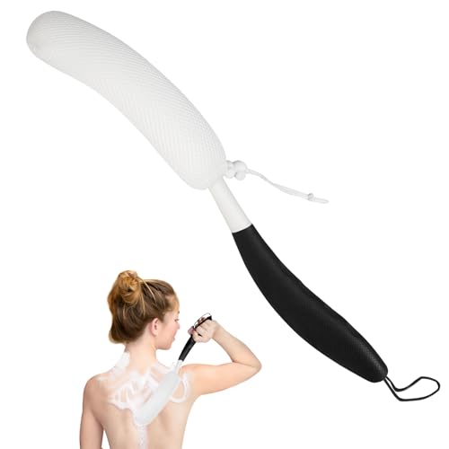 Back Scrubber for Shower,15.35" Long Handle Shower Brush for Body | Back Brush for Shower for Men Women, Long Handled Bath Sponge for Deep Clean,Exfoliating,Anti-Slip Curve Handled - size: Black-White