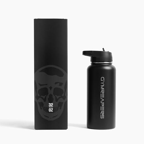 Gymreapers Insulated Water Bottle - Stainless Steel 32 Oz, 3 lids (Straw, Chug, Canteen), Double Walled Vacuum Insulation, Thermo Mug Cold Hot - Durable Powder Coated Finish (Black) - color: Black