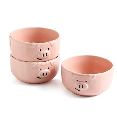 Pink Ceramic Pig Bowls, Set of 3, 13 oz | Small Size, Snacks, Dessert, Cereal and Rice - size: 13 oz
