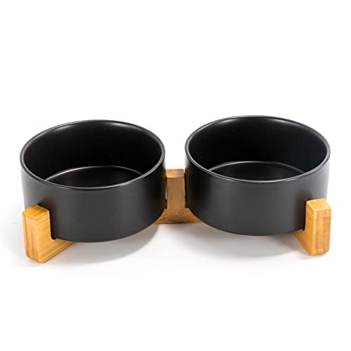 SPUNKYJUNKY Ceramic Dog and Cat Bowl Set with Wooden Stand, Modern Cute Weighted Food Water Set for Small Size Dogs (13.5OZ) & Medium Sized Dogs (28.7OZ) & Cats (3.6 Cups, 2 × Black) - color: Black × 2, size: 3.6 cups