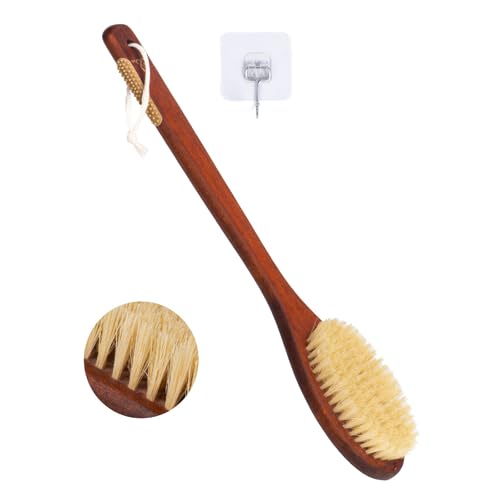 Wooden Bath Brush with Stiff Sisal Bristles Long Handle for Shower Back Scrubber Body Exfoliator, with Hook for Hanging (Stiff Sisal Hair) - color: Stiff Sisal Hair