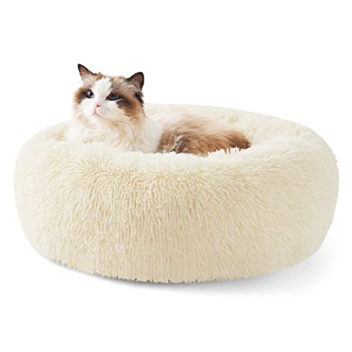 Bedsure Calming Cat Beds Donut Round Washable Kitten Bed,20 inches Cream | Fluffy Faux Fur Cuddler,Machine Washable,Anti-Slip Bottom,Anti-Anxiety,Deep Sleeping for Cats&Small Pets Up to 15 Lbs - color: Ivory Beige, size: 20"L x 20"W x 6"Th