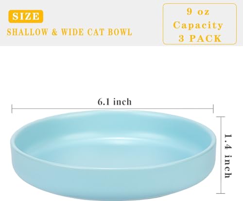 Ceramic Cat Bowls,Shallow Cat Dishes for Food and Water, 6 inch Matte Finish Wide Cat Food Bowl,Whisker Fatigue Free Pet Puppy Kitten Bowl Set of 3,Dishwasher Safe - color: Blue-3pack