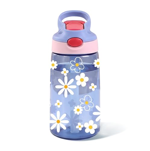 Kids Plastic Water Bottle - Cute Daisy Water Bottles for Kids, 14oz Plastic Water Bottle with Straw Lid, Leakproof BPA-Free Daisy Water Bottles for Home Sports Travel, Pop-Up Straw Cover, Purple - color: Cute Daisy