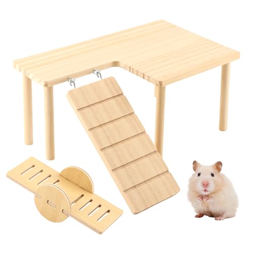 Wooden Hamster Platform, Multi-Functional Cage Climbing Toy with Round-Headed Seesaw for Food Bowl & Water Bottle, Cage Accessories for Dwarf Hamsters, Gerbils, Rats, Mice & Other Small Pets