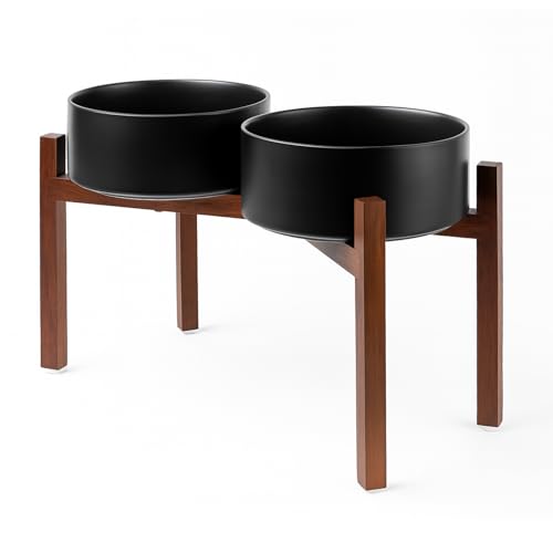SPUNKYJUNKY Raised Ceramic Dog Bowls Set with Non-Slip Acacia Wood Stand for Large Sized Dog(60.87 OZ, Black) - color: Black, size: 60.87 Oz