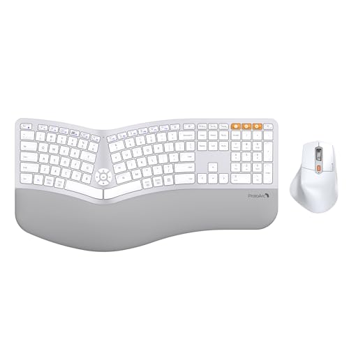ProtoArc EKM01 Plus Wireless Ergonomic Keyboard Mouse Combo - White Silver | Full-size Split Keyboard with Cushioned Wrist Rest, Ergonomic Mouse, 3-Device Bluetooth/2.4G, USB-C Rechargeable - color: White Silver