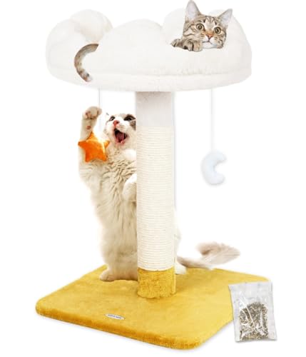 Tall Cat Scratching Post with Large Bed, Thick Posts with Toys | 28" Tall For Large Cats, Easy To Clean, Cloud-Shaped Soft Perch, Removeable Cover, Stable Cat Stand, Bonus Catnip - size: 28" with Scratching Post