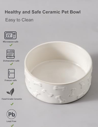 UBEE Ceramic Dog Bowl Set of 2, Dog Food Bowl Dish, Pet Food Water Dish Feeding for Small and Meidum Dogs and Large Cat, White, Bone Pattern, 6.1 in-Medium - size: 6.1 in-Medium