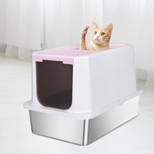 RIZZARI Stainless Enclosed Litter Box: with Scoop & Odor Control | 304 Stainless Basin / Wide Top Opening / Privacy Enclosure / Top & Swing Dual Entry / Anti-Leakage Raised Rim - color: Pink, size: 23.8"L*15.9"W*16.1"H