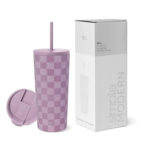 Simple Modern Insulated Tumbler with Lid and Straw | Iced Coffee Cup Reusable Stainless Steel Water Bottle Travel Mug | Gifts for Women Men Her Him | Classic Collection | 20oz | Lavender Checkmate - color: Pattern: Lavender Checkmate, size: 20 Ounces