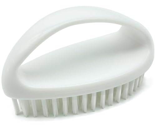 GKETN Small Scrub Brush with Stiff Nylon Bristles Heavy Duty Cleaning Brush | Good for Household Use, Like Bathroom, Kitchen, Grout, Tiles - Teardrop Handle & Hangable Design, Easy Scrubbing - White - color: White