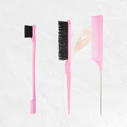 3 Pcs Slick Styling Hair Brush Set, Rat Tail Comb,Edge Bristle Brush, Teasing Brushes for Edge Back Brushing, Combing, Slicking Hair for Girls, Kids(Pink）