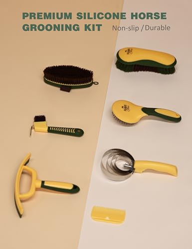 Horse Grooming Kit, 9 Piece Grooming Brush Set with Silicone Curry Comb for Bathing & Shedding Pasture Glow - color: Pasture Glow