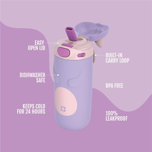 Ello Ellies 12oz Stainless Steel Leakproof Kids Water Bottle, Cat | Insulated kids water bottle with straw, leakproof locking lid, carry handle, and stainless steel fun animal design for school - color: Cat, size: 12 Ounces