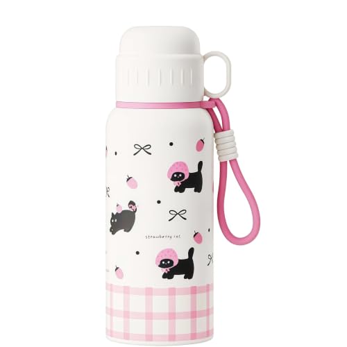 20oz Cat Stainless Steel Insulated Water Bottle | Double Wall Vacuum Tumbler, Leakproof, Dual Use Straight Drink & Straw Lid, Travel Office Outdoor - color: Strawberry Black Cat