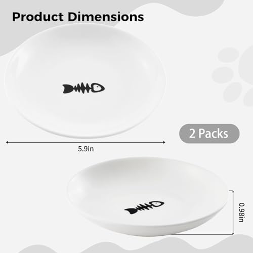 2 Ceramic Cat Bowls, 5.9 Inch Wide Shallow Feeding Dishes for Dry/Wet Food | Reduces whisker contact; lead-free; holds water too; dishwasher safe; stable heavy design; fits cats and small dogs - color: 2 Fish bone