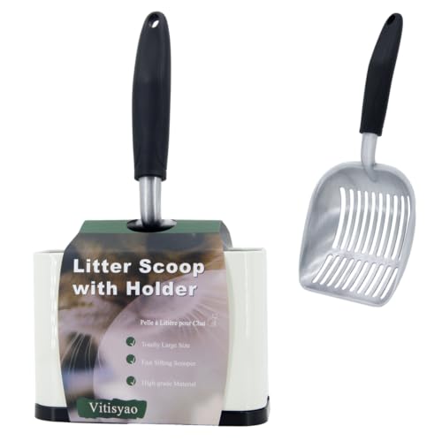 Heavy Duty Cat Litter Scoop with Holder, Stainless Steel Kitty Litter Scooper Caddy for Litter Box, Full Metal Speed Sifter Captures All Clumps, Easy to Clean - color: White
