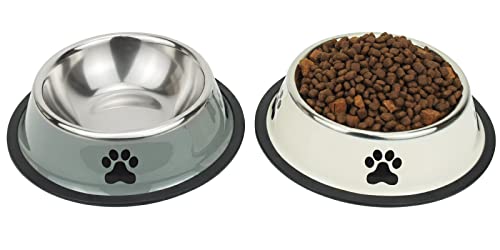 Stainless Steel Dog Bowls, Food and Water Non Slip Anti Skid Stackable Pet Puppy Dishes for Small, Medium and Large Dogs (2 Pack) - color: White & Grey, size: ¾ Cup/7 oz
