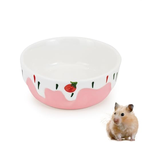 3.4oz Small Animal Food Bowl, Heavy Anti-Tipping Ceramic Pet Bowls with Strawberry Pattern, Hamster Water Bowl for Gerbils/Guinea Pigs/Reptile/Bird, Easy to Clean Hamster Food Bowl (Pink, A) - color: Pink
