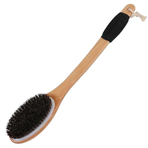 OWIIZI Antiskid Back Scrubber for Shower with Natural Horsehair Bristles | 17.2" Wooden Curved Long Handle Bath Brush,Shower Brush for Exfoliating,Back Scrub Deep Cleanse for Back Use Wet or Dry