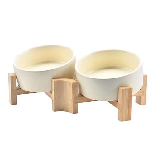 SPUNKYJUNKY 15° Slanted Ceramic Dog and Cat Bowl with Wooden Stand, Tilted Bulldog Food and Water Bowl No Slip Non-Spill for Cats Medium Dogs Big Face Pets 13.5 OZ (1.7 Cups, Beige × 2) - color: Beige, size: 1.7 CUPS × 2