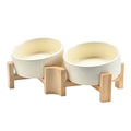 SPUNKYJUNKY 15° Slanted Ceramic Dog and Cat Bowl with Wooden Stand, Tilted Bulldog Food and Water Bowl No Slip Non-Spill for Cats Medium Dogs Big Face Pets 13.5 OZ (1.7 Cups, Beige × 2) - color: Beige, size: 1.7 CUPS × 2
