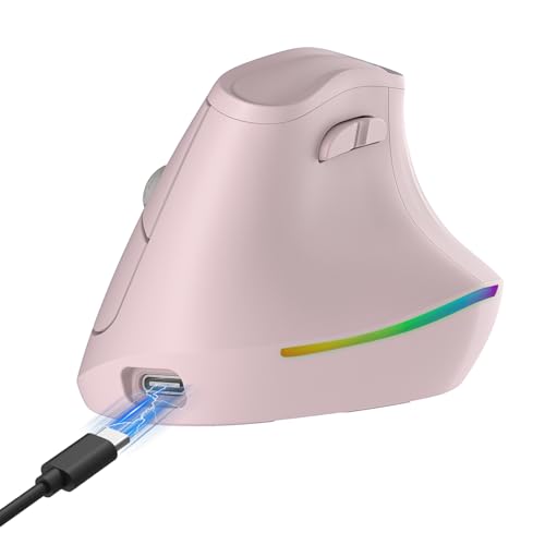 KYSONA 57° Wireless Ergonomic Mouse, Vertical Mouse, Carpal Tunnel Mouse, RGB Light, Rechargeable, Bluetooth & 2.4G, 5-Level DPI Adjustment, Quiet Click Ergo Mice Compatible with PC/Laptop/Mac, Pink
