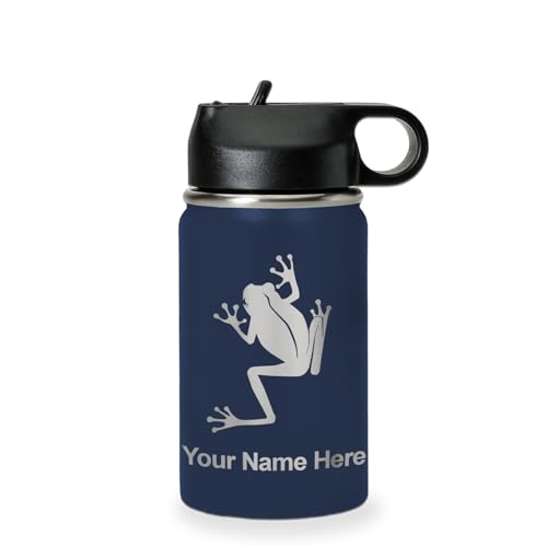 LaserGram Personalized 12oz Water Bottle, Tree Frog (Navy Blue) | Engraved Gift, Vacuum Insulated Stainless Steel, Flip-Top Straw Lid, Laser Engraved With Your Name - color: Navy Blue, size: 12 Ounces