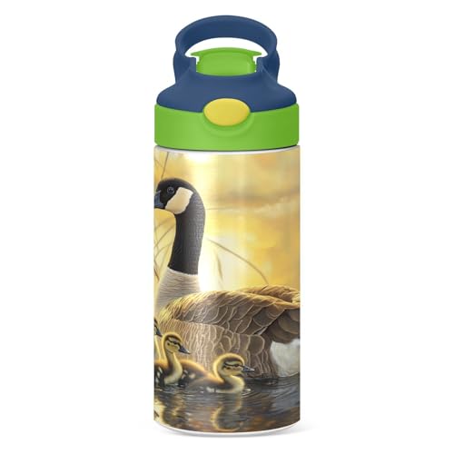 OTVEE Canada Geese Goslings Kids Water Bottle with Straw Lid 12 oz Insulated Stainless Steel Leakproof Duck Mouth Tumbler Cup for Boys Girls Teen School - color: Canada Geese and Goslings