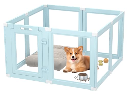 DIY Clear Acrylic Dog Playpen Indoor, Transparent Easy Cleansing Puppy Fence with Suction Cup, Easy-Assemble Indoor Whelping Crate for Small Puppies (23.6" H, 8PCS), Blue