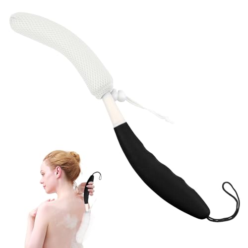 Back Bath Brush with Sponge, 15.39"Back Scrubber with Anti-Slip Long Handle | Back Scrubber for Shower, Curved Long Handle Bath Body Brush for Elderly Aid Bathing and Shower, Exfoliating Body Scrubber - size: Black+White Handle (Extra Large)