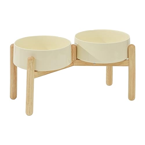 Havniva Elevated Dog Bowls Ceramic Dog Bowls with Stand, Dog Food Bowl | 8.3” Raised Dog Bowls with Non-Slip Wood Stand, Dog Food and Water Bowl Set, Double Dog Feeding Bowls for Large Dogs - color: 2 Bowls+Stand - Light Yellow, size: 8.3inch