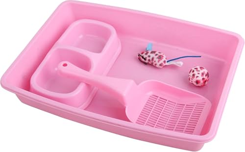 PAWISE Newborn Small Cat Litter Box Kit for Kittens – 5‑Piece Kit with Low Entry Litter Pan, Scooper, Feeding Bowls & Mouse Toy – Cat Starter Set for New Kitty Home, Pink - color: Pink