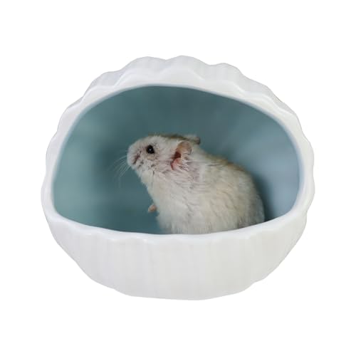 WishLotus Ceramic Hamster Hideout, Adorable Sea Shell Shaped Hamster House, Large-Opening Small Animal Hideout, Small Animal Hideout Habitat Decor for Dwarf Hamsters Gerbils Chinchilla (Blue L) - color: Blue L