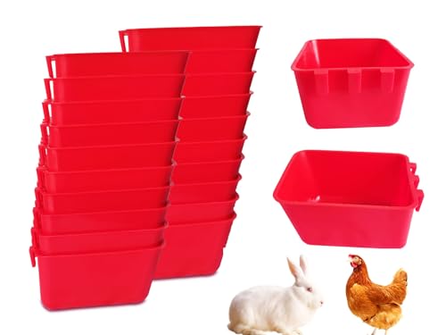 Pack of 20 Cage Cups Birds Feeders Seed Bowl Chicken Feeding Watering Dish Rabbit Water Food Hanging Wire Cages Box 16 oz Coop Cups for Pet Parrot Parakeet Game Fowl Poultry Pigeon - color: Red Square 20 packs 16oz