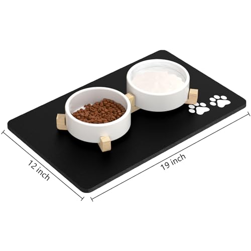 Rnivvi Dog Food Mat, 12" x 19" Footprint Absorbent Dog Cat Bowl Mat for Food and Water, Cute Anti-Slip Rubber Pet Feeding Rug Protect Floors, Puppy Placemat for Feeding & Watering Supplies, Black - color: A-Black Footprint, size: 12"x19" (Regular)