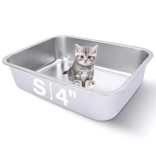Small Stainless Steel Litter Box for Kittens Rabbits, 15.5"×11.6"×4" | Metal, Rust-Proof, Non Stick, No Smell, Easy to Clean - size: Small: 15.6"L x 11.6"W x 4"H