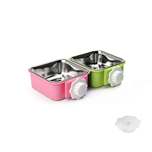 Crate Dog Bowl,Removable Stainless Steel Water Food Feeder Bowls Crate Coop Cup,Pet Cage Bowls with Bolt Holder for Cat, Puppy, Birds, Rats, Rabbits Small Animals ((Green+Pink) Square, Samll) - color: (Green+Pink) Square, size: Small