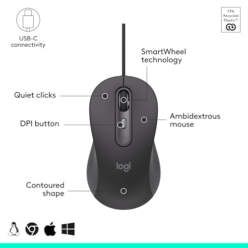 Logitech Signature Wired M520 L Optical Mouse for Business - Graphite | For Business, Optical, Plug-and-Play, Windows, Mac, Chrome, PC, Laptops