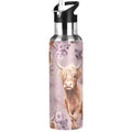 Highland Cow Purple Flower Water Bottle Kids Insulated Sports Vacuum Stainless Steel Mug with Straw Lid & Handle 20 oz - color: C3666