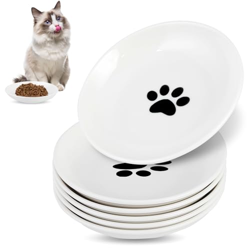 6 Pack Cat Food Bowl, Ceramic Cat Bowls, Anti Whisker Fatigue Cats Bowl Set | 5.5 Inches Shallow Wide Kitten Plates for Food and Water (White-E) - color: White-E