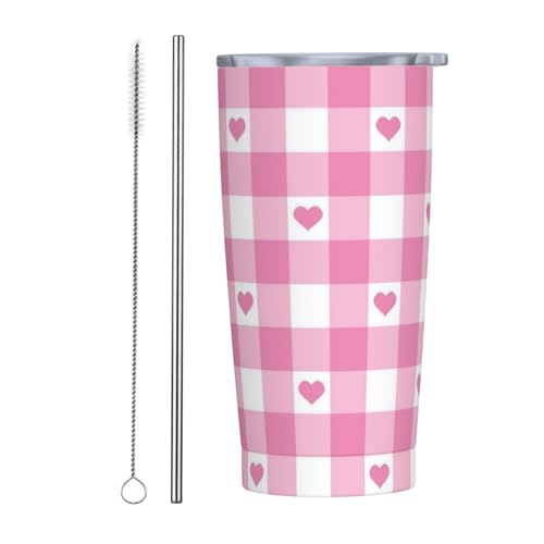 Checkered and Heart Tumbler with Lid and Straw Checkerboard 20oz Insulated Stainless Steel Cup Pink Travel Coffee Mug Water Bottle for Women Gift for Birthday Christmas - color: Pink White