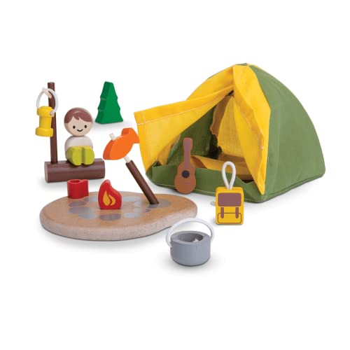 PlanToys Pretend Play Camping Set (6624) | Sustainably Made from Rubberwood and Non-Toxic Paints and Dyes | wooden camping play set, montessori imaginative role play, social skill development, open-ended adventure toys, kids toy - color: Toy